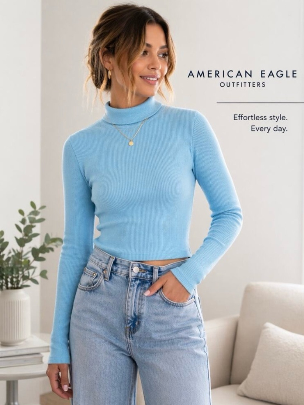 American Eagle Outfitters Sky Blue Ribbed Turtleneck Crop Top